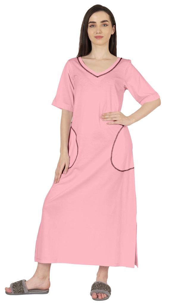 Inkmeso Solid Long Nightgown For Womens V-Neck Loungewear Casual Sleep Dress With