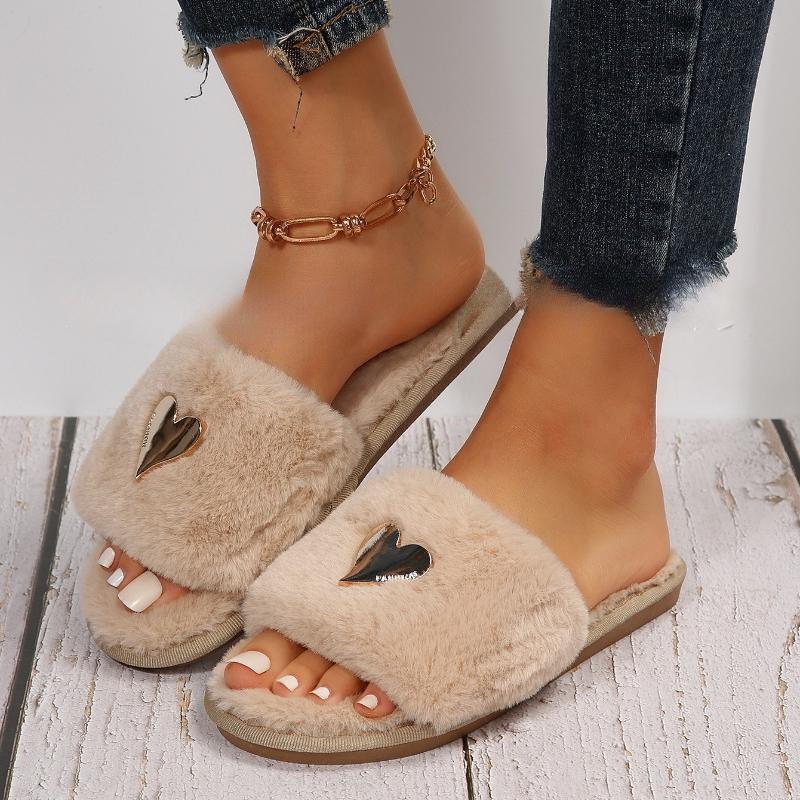 New High-end Fashion Love-decorated Plush Slippers for Women with Open Toes Soft and Comfortable, Lightweight, Suitable for Bedroom, Living Room, Home