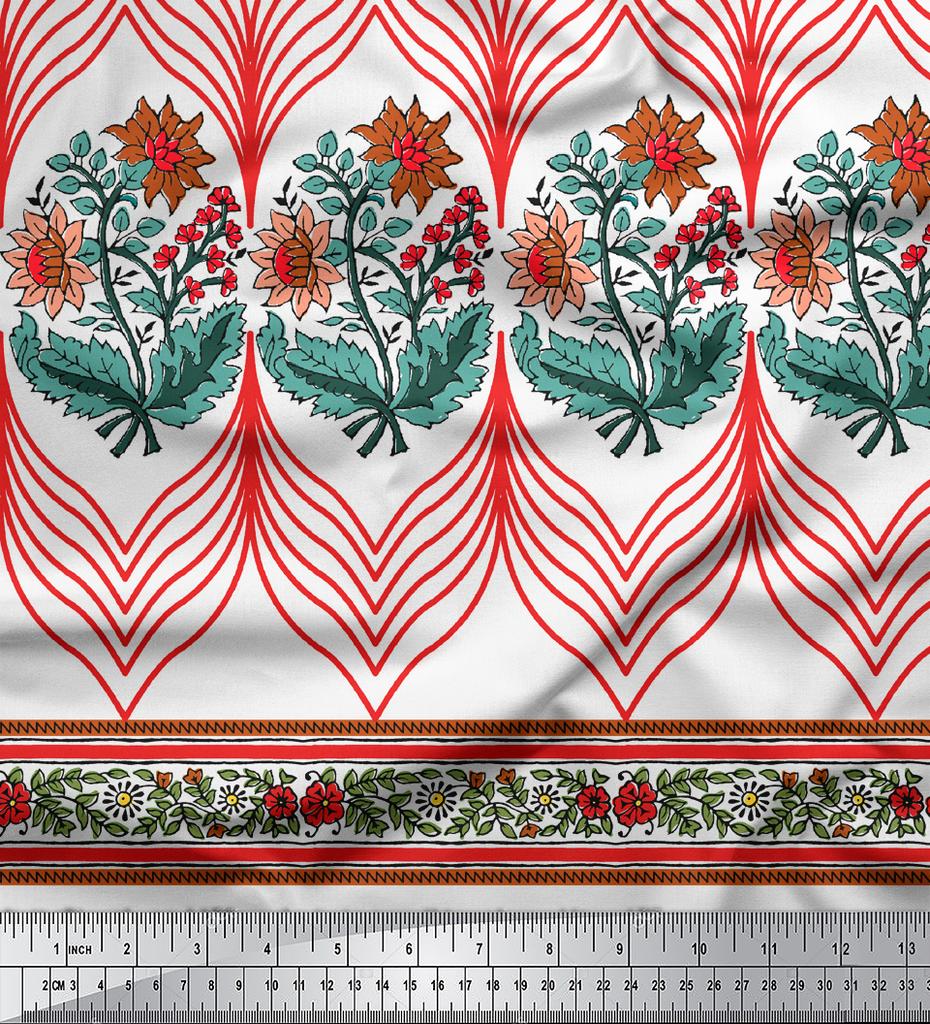 Soimoi Japanischer Krepp-Satinstoff, gestreift, Blätter und Blumen, bedruckt, Meterware, 107 cm