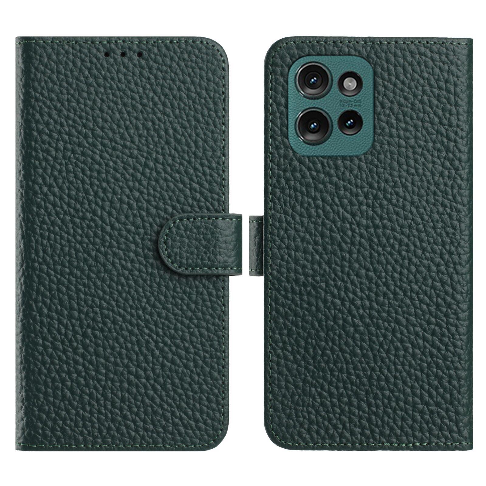 

For Motorola Edge 50 Neo 5G Case Wallet Stand Litchi Texture Genuine Cow Leather Flip Phone Cover Green