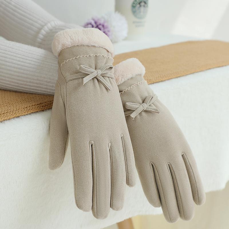 Warm Gloves for Autumn and Winter Women's German Velvet Bow Outdoor Riding Driving Plus Velvet Thickened Cold Proof Touch Screen Gloves