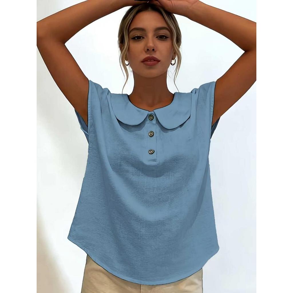 Summer Solid Color Short Sleeve Lapel Button Women's Shirt Blouse, European & American Style Crossbody Women's Top for JOOM Leisure