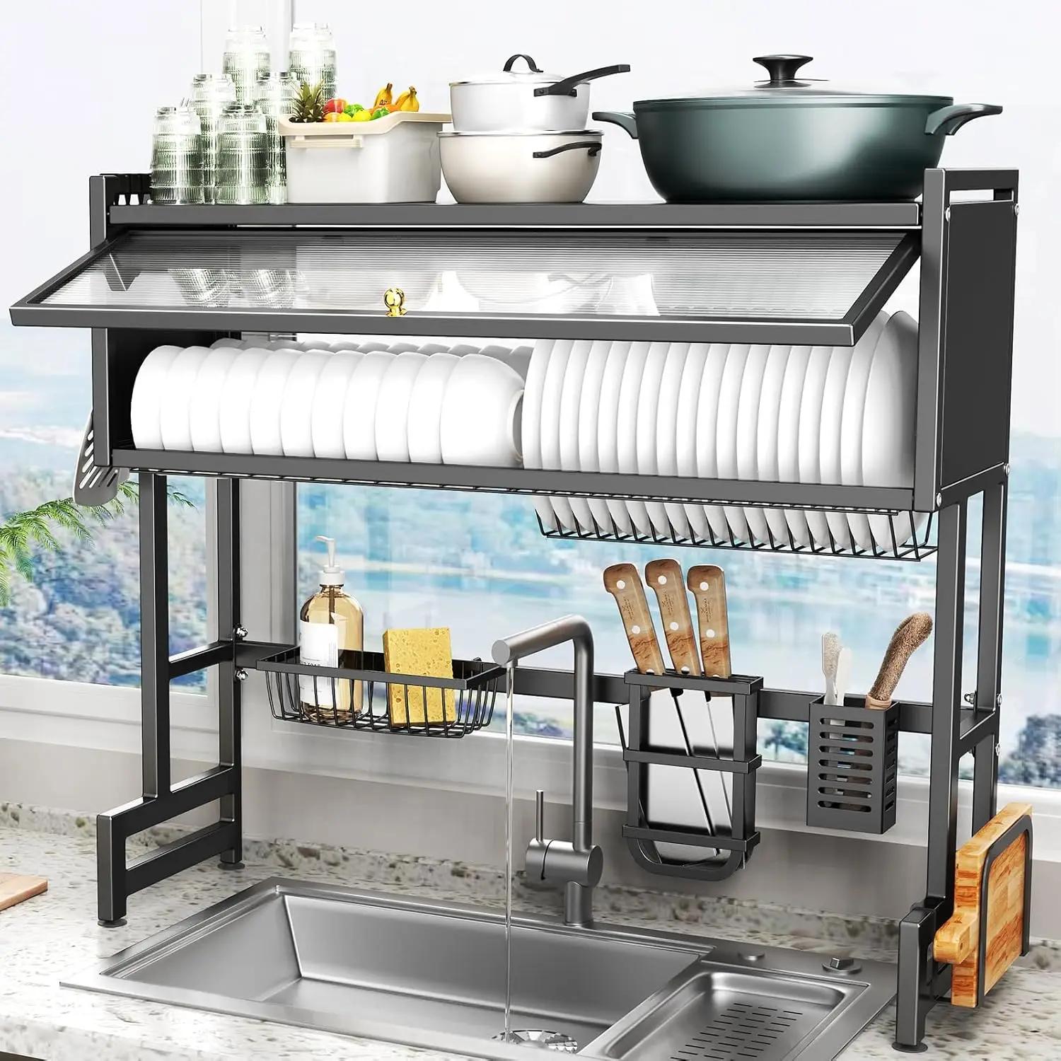 

Over-the-Sink Dish Drying Rack, 3-Tier with Dust Cover, Utensil Holder & Drainer, Space-Saving Stainless Steel Shelf for Kitchen 2-tier чёрный