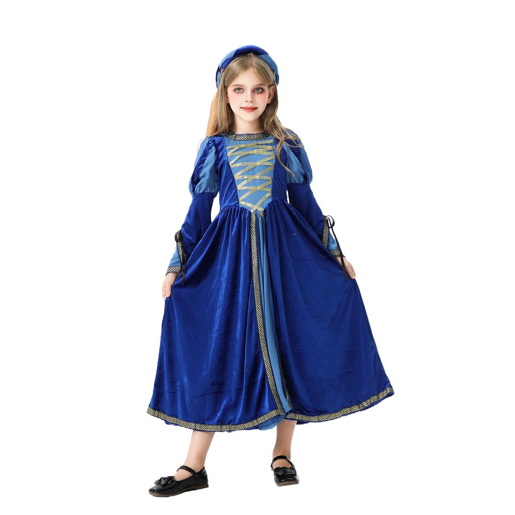 Girls Renaissance Medieval Dress Costume, Blue Velvet, Lace, Headwear Included