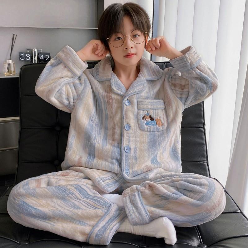 Jungen Warmes Korallenfleece Pyjama-Set Langarm Verdickt Hausanzug Kinder Winter