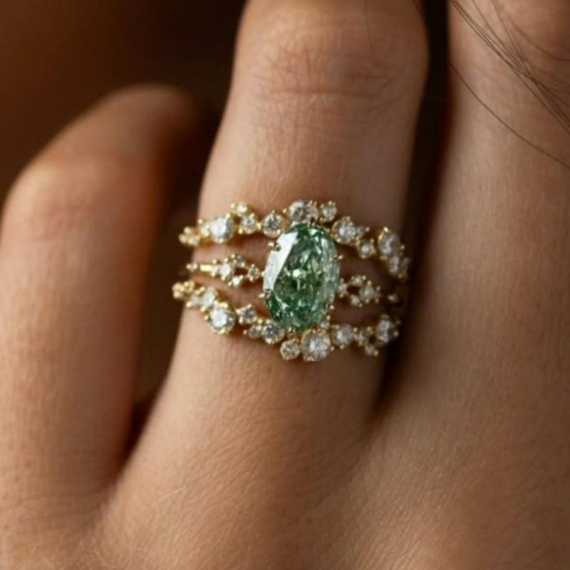 Elegant Gold Color Inlaid White Green CZ Women's Ring Fashion Geometry Daily Wear Party Jewelry