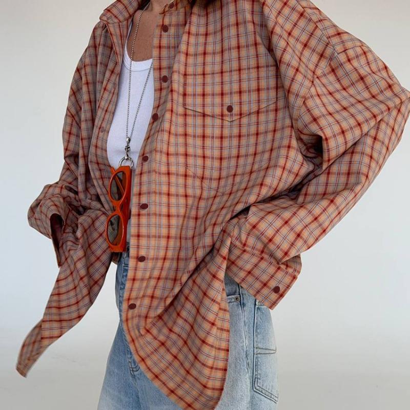Loose Vintage Plaid Long Sleeve Women Shirt Casual Commute Daily Fashion