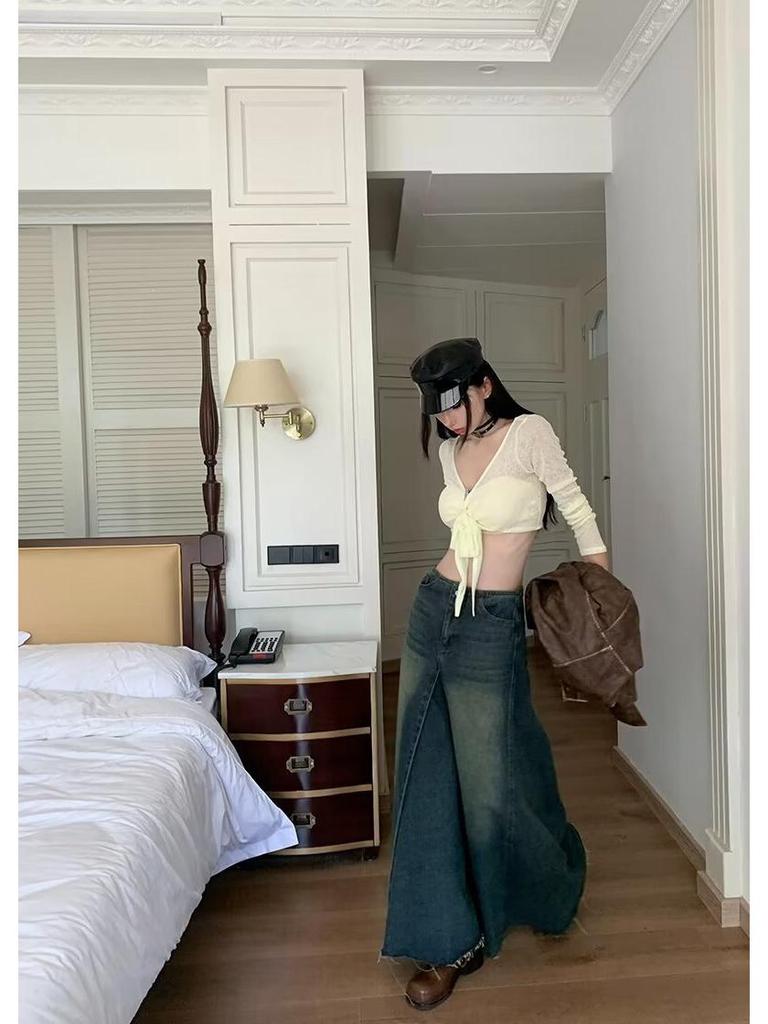 Women's High-Waist Summer 2024 Retro Washed Denim A-Line Skirt