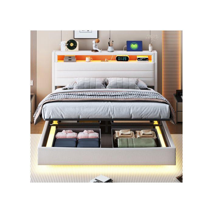 Lit rembourré 140x200 cm, cadre de lit flottant hydraulique avec espace de rangement, tête de lit réversible, lin beige