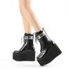 Women Lace Up Martin Boots Metal Leather Splice Chunky Heel Platform Side Zipper High Heel Ankle Boots