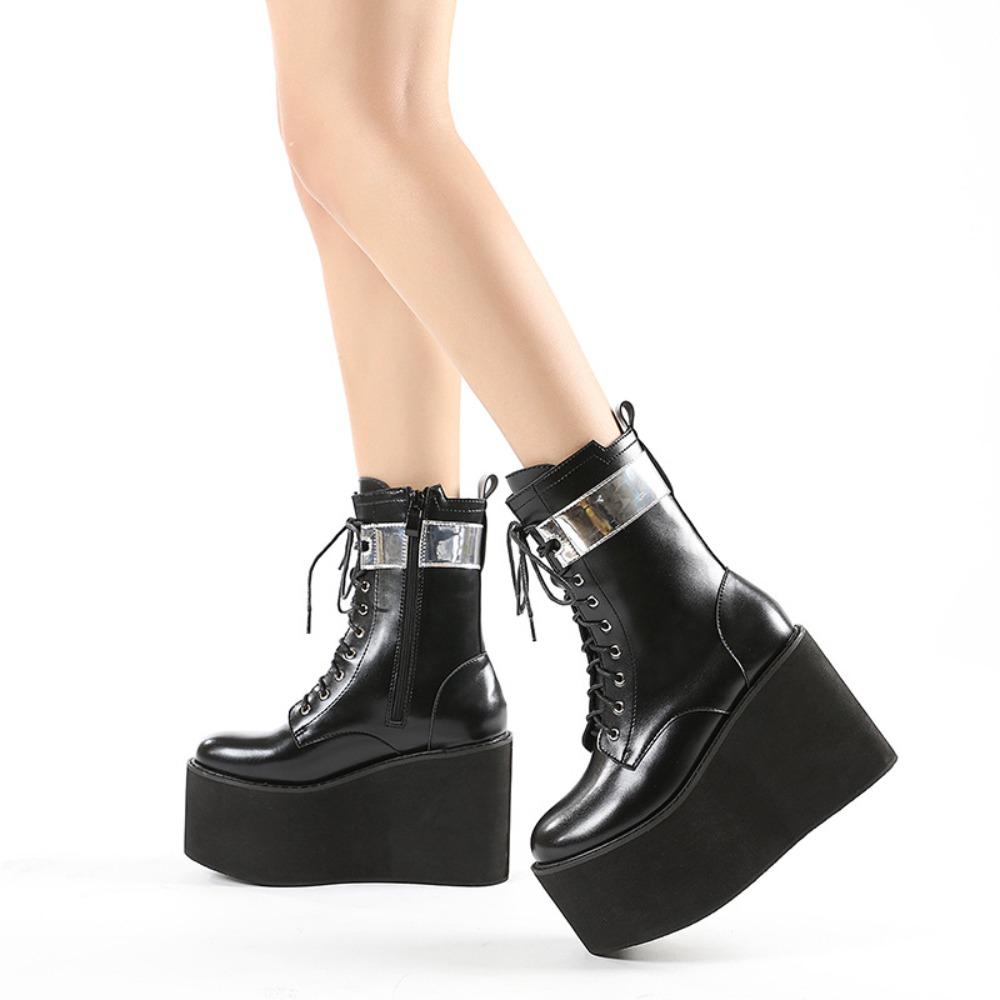 Women Lace Up Martin Boots Metal Leather Splice Chunky Heel Platform Side Zipper High Heel Ankle Boots