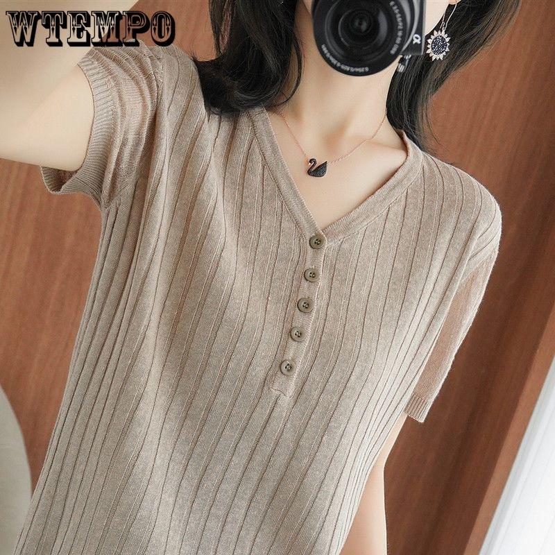 Ice Silk Short Sleeved T-shirt for Women Loose and Slimming V-neck Knitted Sweater Half Sleeved Top