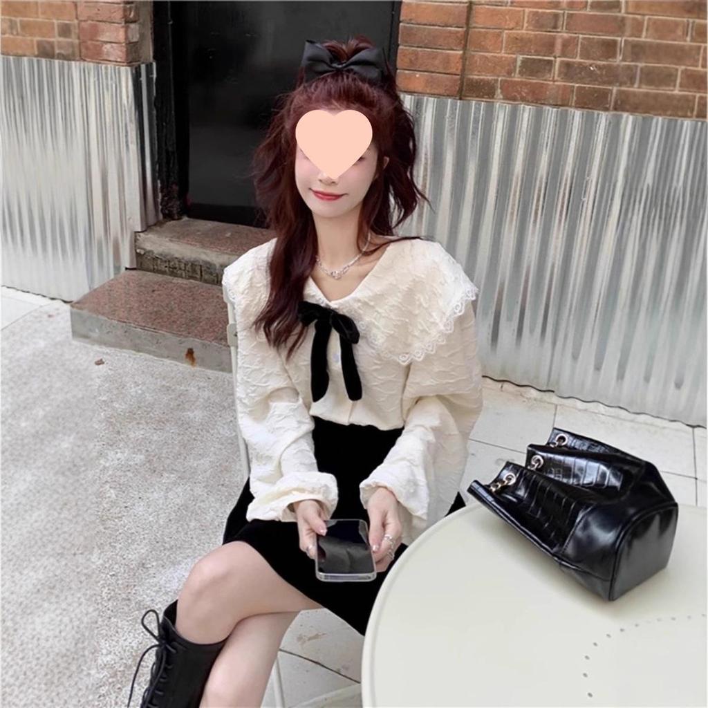 Women's Plus Size Doll Collar Long Sleeve Shirt with Bow Knot, Stylish Spring/Autumn 2025 Design
