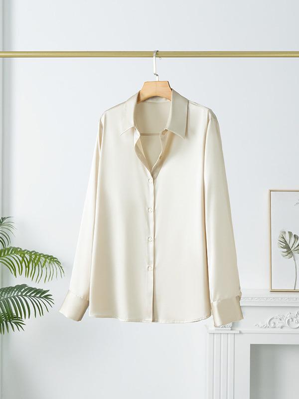 Women's Mulberry Silk White Satin Shirt - Long-Sleeved, Loose Fit, Elegant Commute Top