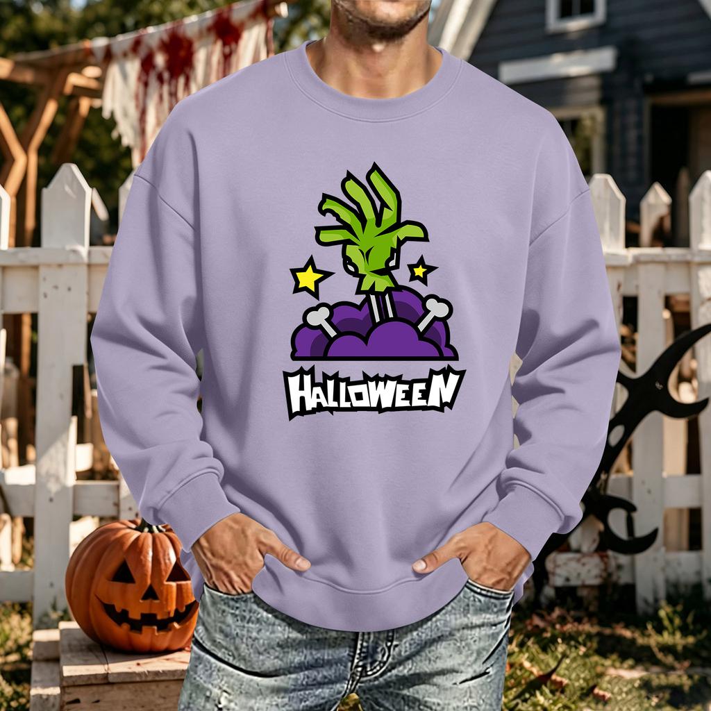Men's Halloween Printed Long Sleeve T-Shirt Unisex Crewneck Casual Sports Top