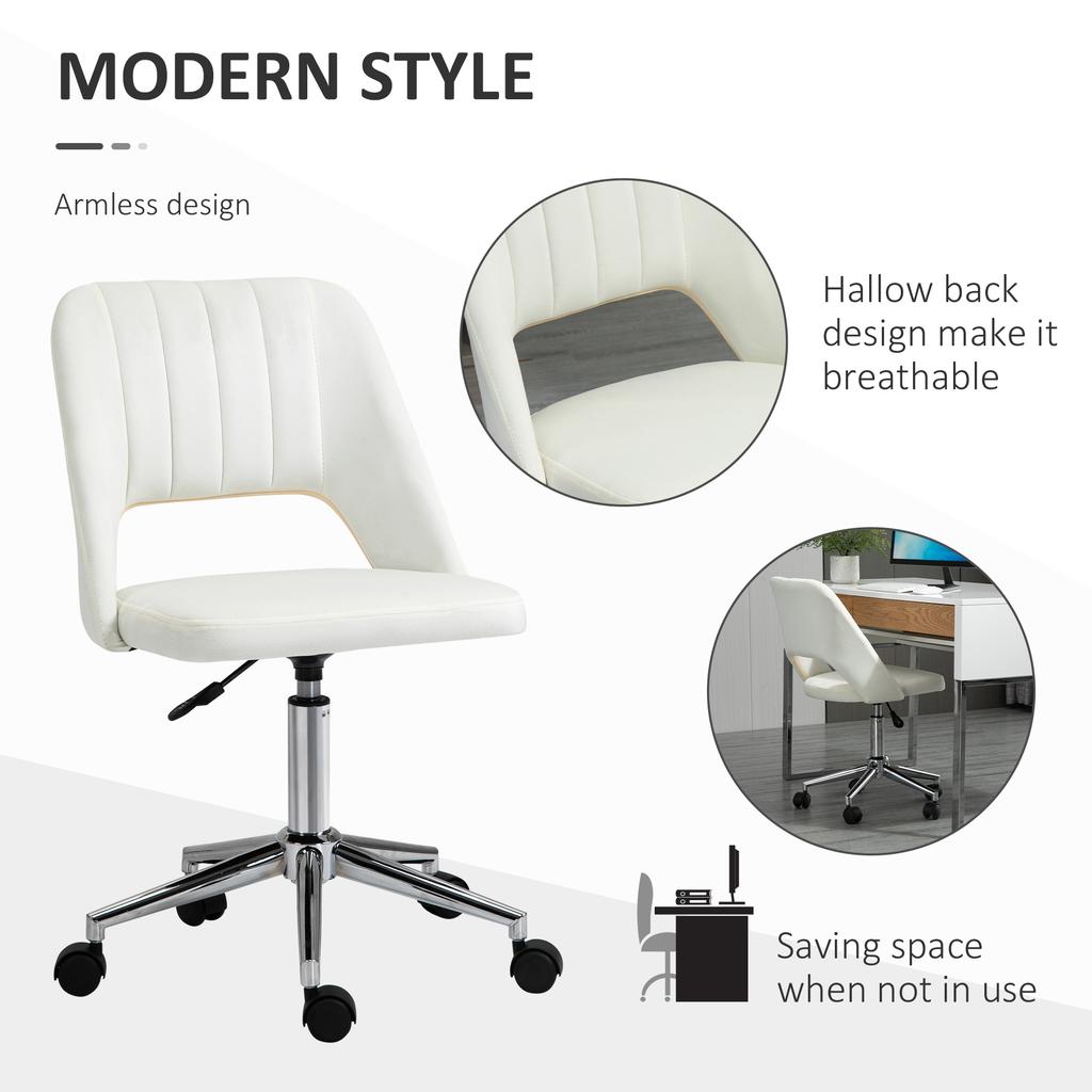 Armless Velvet Feel Office Chair Cream White