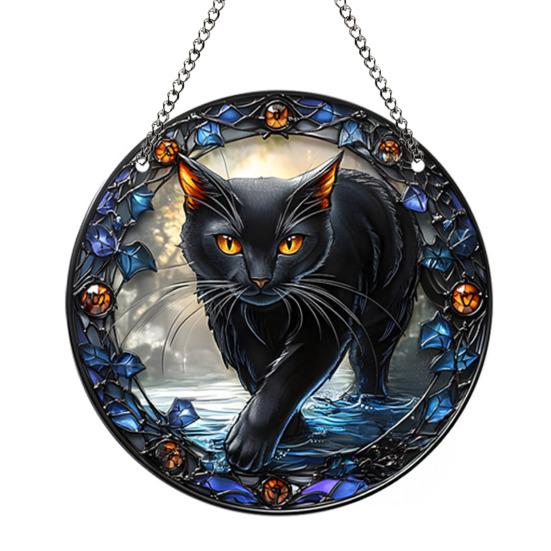 Halloween Witch Black Cat Hanging Sign 2D Flat Acrylic Broom Witch Round Sign Indoor Outdoor Porch Door Hanger Wall Hanging Decoration