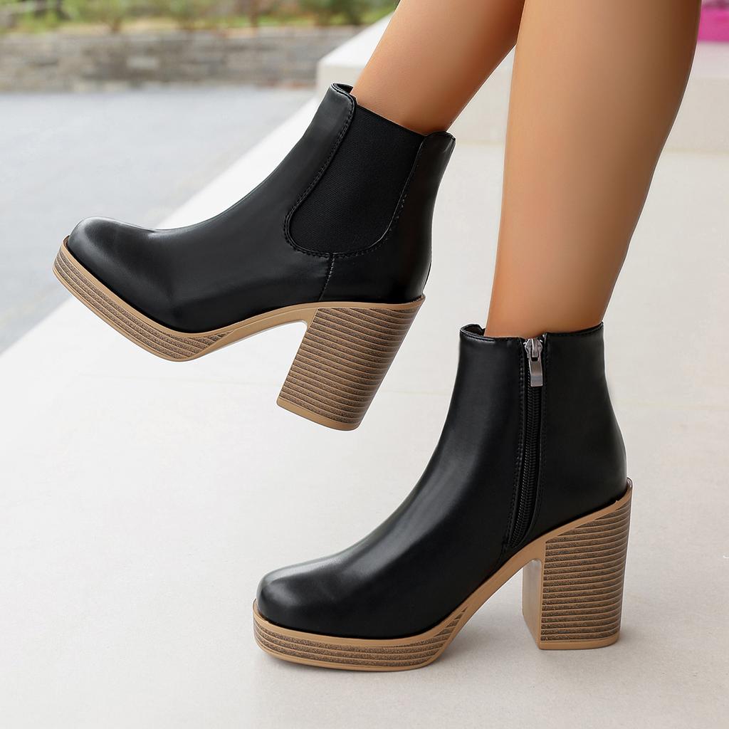 Fashion Women Ankle Boots New Fashion Pointed Toe Western Retro Style Heels Boots Platform Casual Comfortable Side Zipper Women Shoes