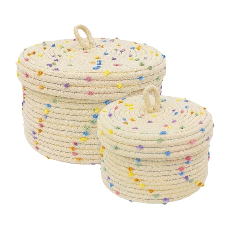 Pack of 2 Sturdy Cotton Rope Storage Baskets With Lid for Organizing Rope Keys and Toy In Elegant Color Designs
