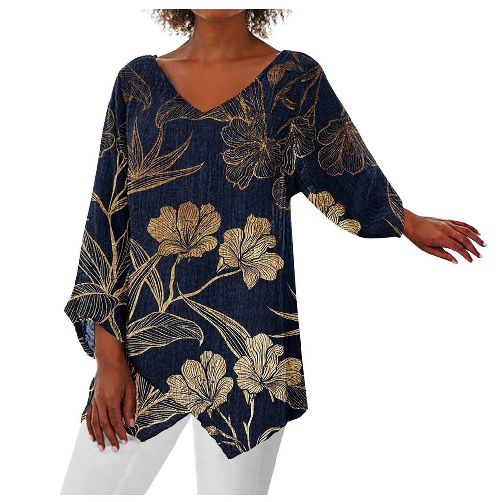 Women's Casual Solid Color Printed V-Neck Loose Irregular Hem Mid-Long Sleeve Top