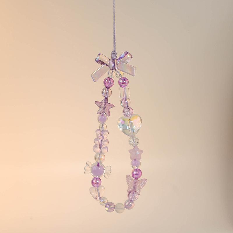 

Милые фиолетовые ремешки для телефонов с бантом Y2K, эстетические сердечки, бисерные ремешки для телефонов, анти-потеря, цепочки для сотовых телефонов, ремешок на запястье для девочек, подарок