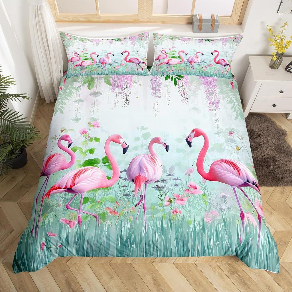 Flamingo Duvet Cover Tropical Animal Bedding Set Floral Comforter Cover For Girls Children Women Bedroom Decor With Pillow Case