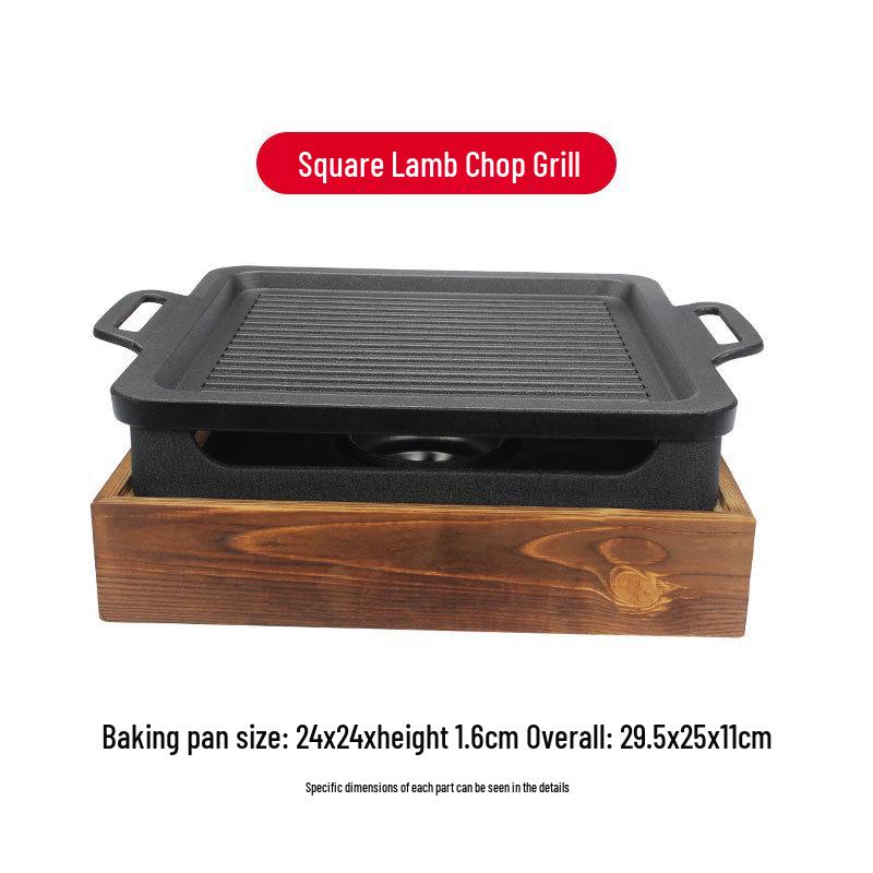 Rectangular Non-Stick BBQ Grill with Wooden Base and Alcohol Stove