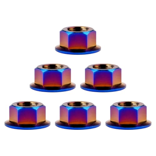 

Ruifu 6-Piece Titanium Alloy M10 x 1.0 1.25 1.5 mm Hex Nut Flange (M10 1.25mm, Burnish Blue)