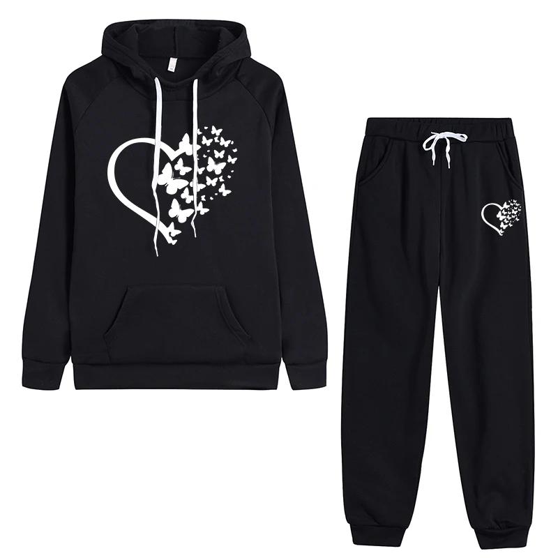 Heart Butterfly Printed Hoodies Sweatpants High Quality Ladies Daily Casual Sports Jogging Suits Autumn Winter Warm Soft Outfits