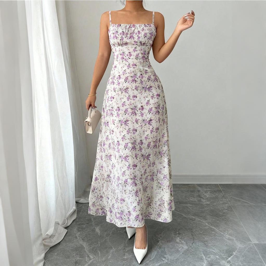 Women’s Sleeveless Spaghetti Strap Long Dress with Floral Print Lightweight Fabric and Square Neckline for Summer