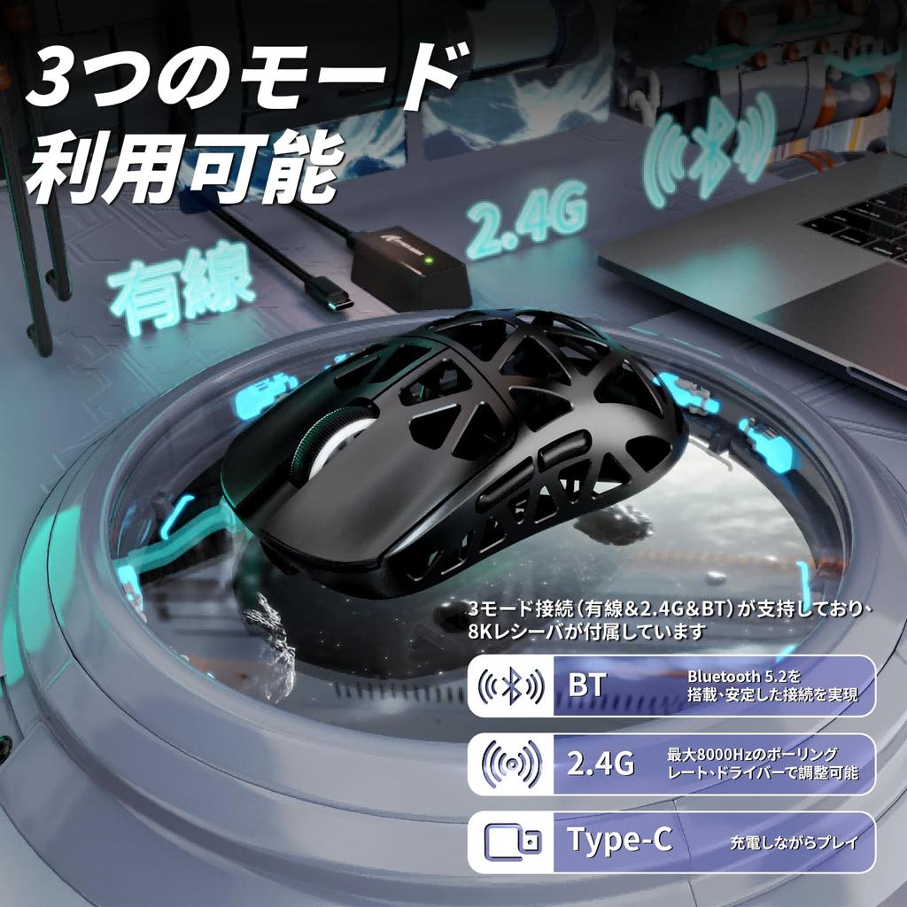 MAMBASNAKE x ATTACK SHARK R2 Magnesium Alloy Gaming Mouse, 8K Mouse with PixArt PAW3950 Optical Sensor, Ultra-Lightweight (47g), 3-Mode Connection: