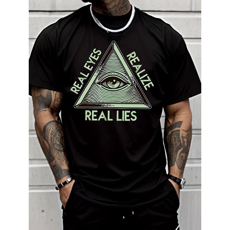 Men s Casual Trendy Short Sleeve T - Shirt with All Seeing Eye Triangle Real Eyes Realize Real Lies Graphic Street Style Adults Men Casual Wear S чёрный