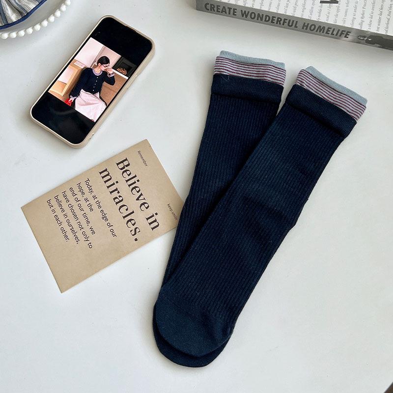Women's Korean-Style Ribbed Vertical Stripe Contrast Puffy Socks - Versatile Cotton Patchwork