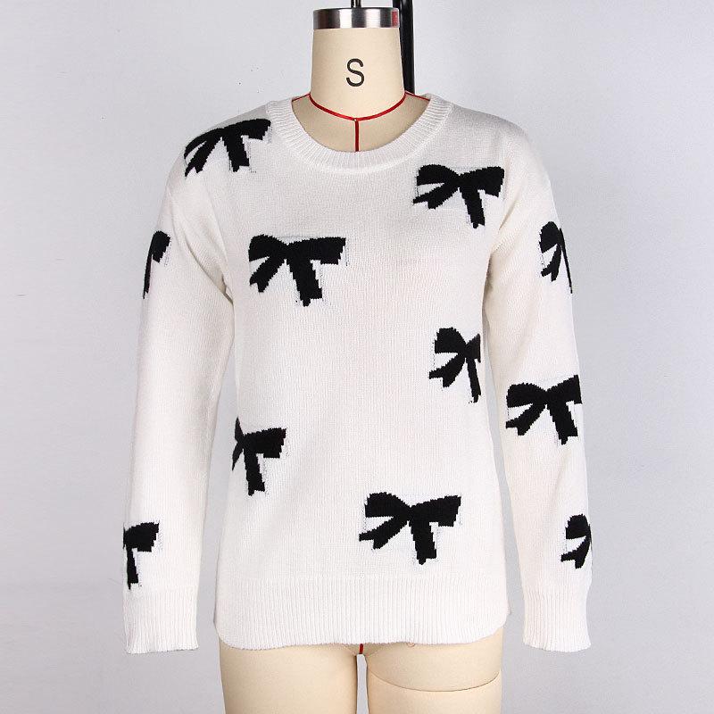 European and American autumn and winter sweaters women's clothing crew neck bow jacquard pullover knitted sweater factory