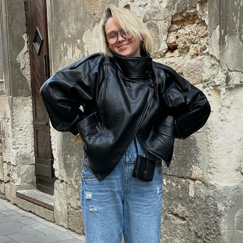 Černé bundy z umělé kůže pro ženy Svrchní oblečení Bombery Zapínání na druky Polosezónní bunda