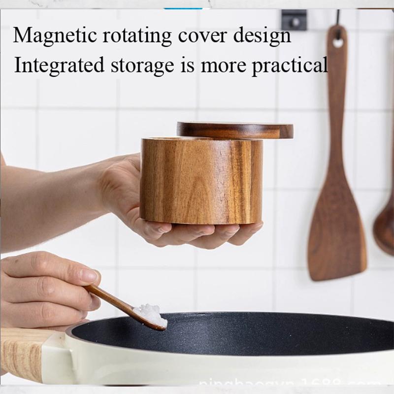 Salt Cellar with Spoon and Swivel Lid, Acacia Wood Salt Salt Keeper, Wood Jar for Kitchen, Perfect for Storing Seasonings