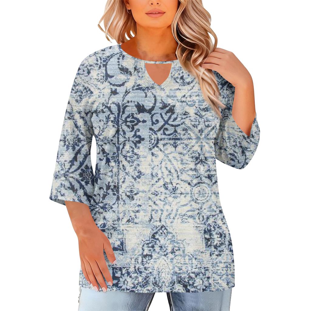 Women's Fashion Casual Round Neck Three-Quarter Sleeve Oversized Print Top