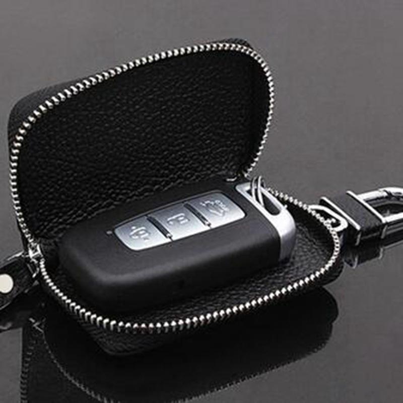 Lychee Grain Cowhide Key Case with Zipper - Pure Black