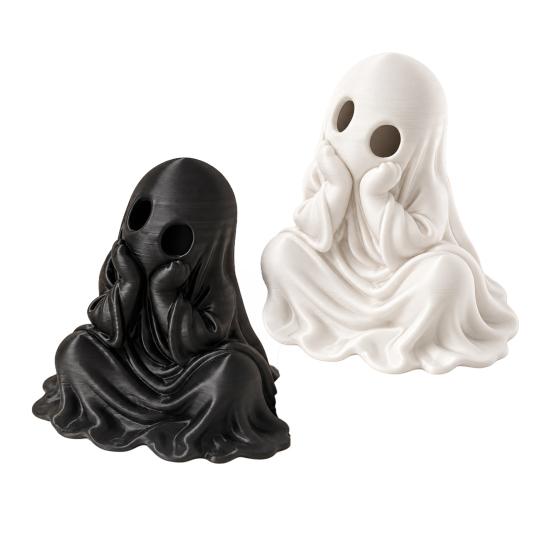 White Black Ghost Figures 3D Printed Halloween Figurine, Cute Chin-Resting Spooky Desk Decor, Decorative Accents Funny Ornament for Home Party