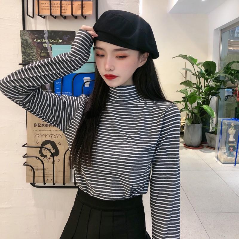 Women Striped Turtleneck Long Sleeve Base Layer Top Slim Fit Pullover Undershirt Autumn Winter