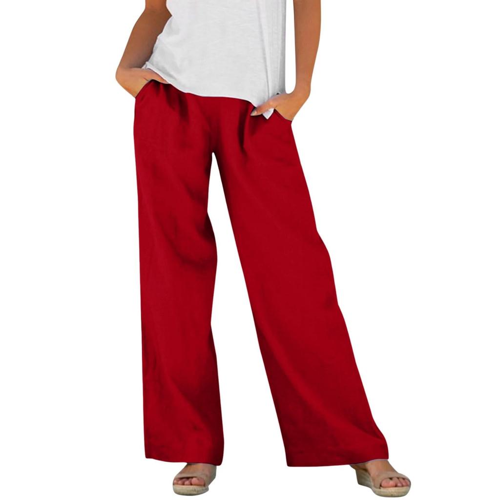 Women's Fashion Relaxed Fit Cotton-Linen Blend Pocket Elastic Waist Wide-Leg Casual Pants