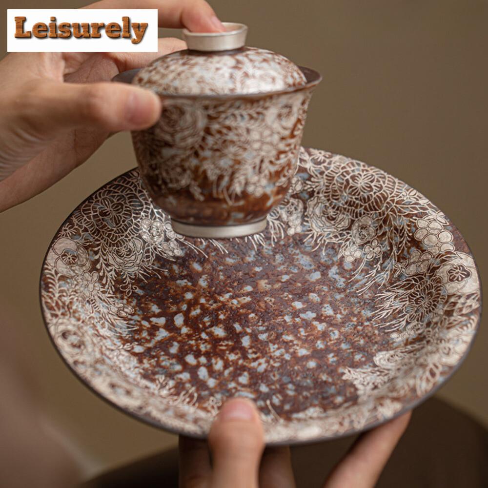 Flower Gilded Silver Old Rock Mud Coarse Pot Bearing Holder Vintage Dry Brew Table Tea Tray Fruit Sanck Plate Teaset Decoration