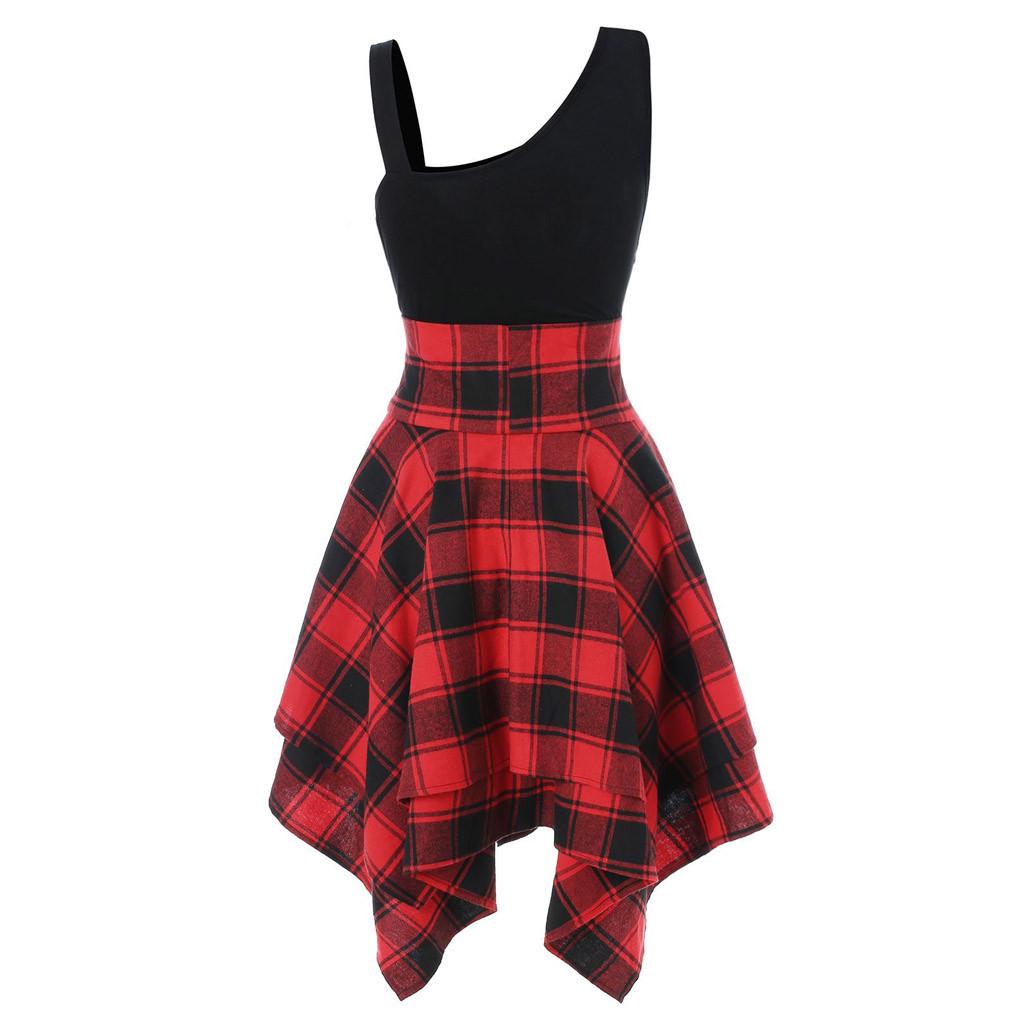 Fashion Women Sleeveless Cold Shoulder Cross  Plaid Print Irregular Dress