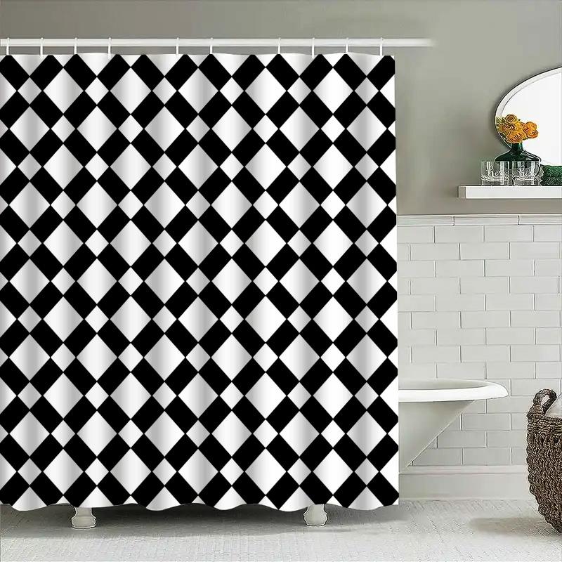 Modern Bathroom Decor: Bold Black White Checkered Shower Curtain Set For Bathrooms Waterproof Fabric With Hook Rings (205X183Cm)