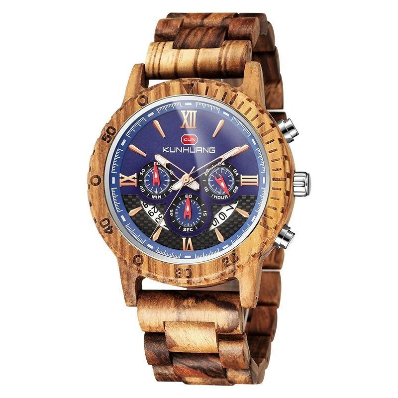 Men Natural Walnut Wood Watch Multifunctional Chronograph Quartz Wristwatch Roman Numeral Dial Sport Wooden Band Watch