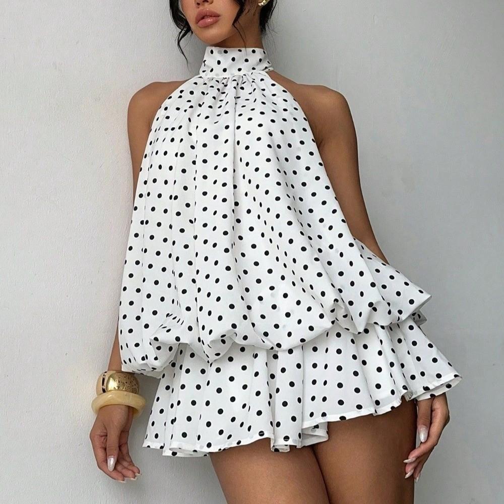 Off Shoulder A Line Halter Dress Sleeveless Chiffon Dress Chic Polka Dot Dress  Holiday