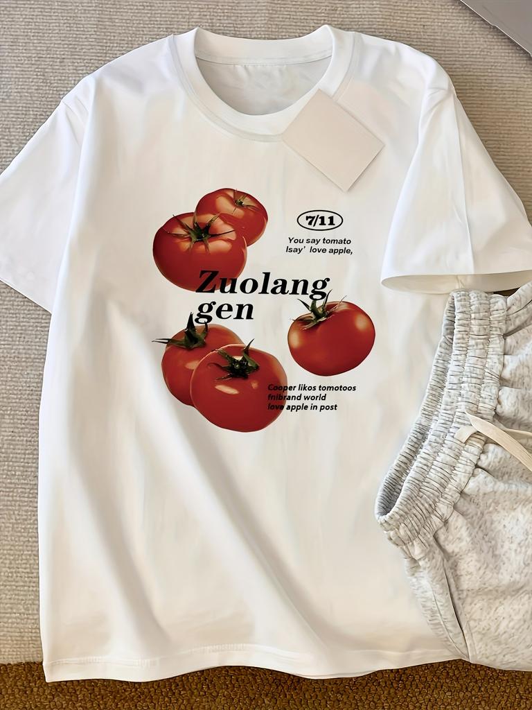 Summer Women's Y2K Korean Style T-shirt Cotton Loose Short Sleeve Top with Cartoon Tomato Graphic Print Breathable Casual Tee