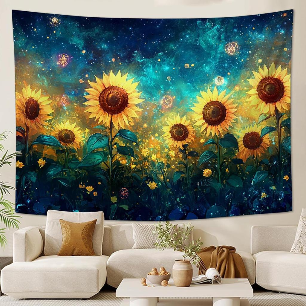 Sunflower Tapestry Galaxy Space Floral Aesthetic Tapestries Starry Sky Nature Hanging Wall Art Decor Home Decoration for Bedroom