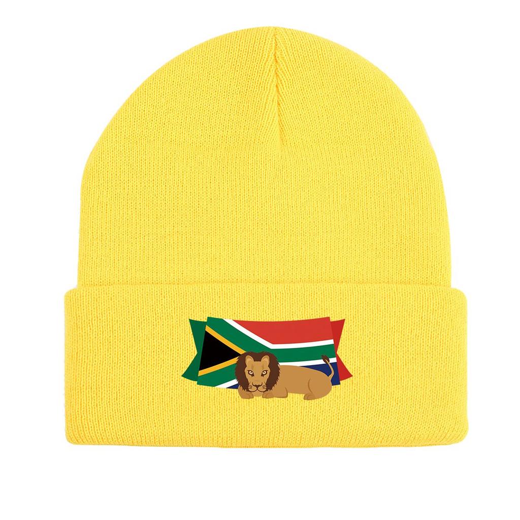 South Africa Flag Lion Warm Knit Cap Beanie, Patriotic Woman Cap Warm Thermal Solid Bonnet Knit Hat Beanie