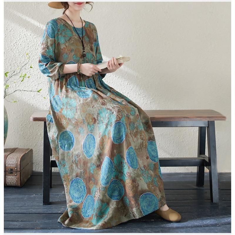 DIMANAF 2024 Rochie de primăvară mărime Plus pentru femei, rochie boemă ocazională cu imprimeu floral, rochie lejeră pentru plajă, decolteu O, verde, femeie